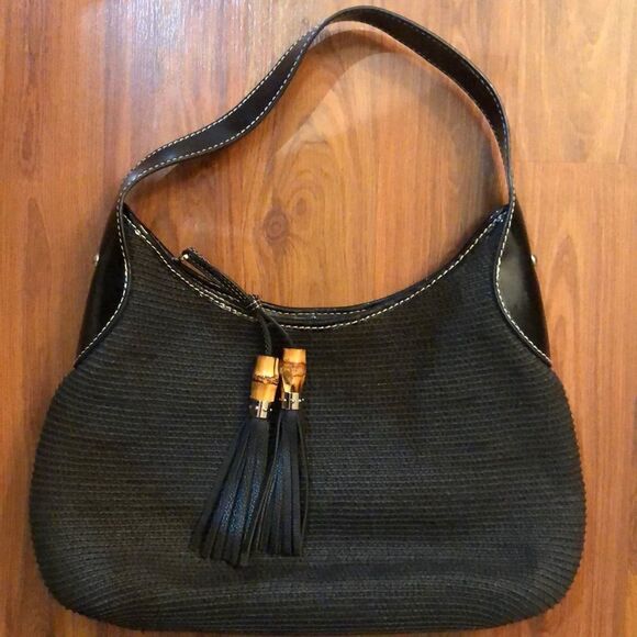 Talbots Black leather and Jute bamboo tassel hobo handbag. - Picture 1 of 8